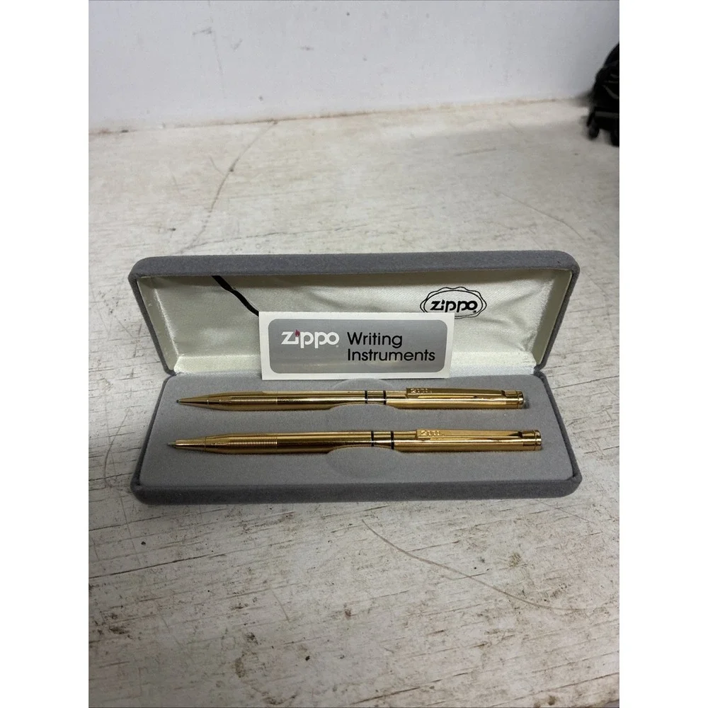 Vtg Zippo Pen and Pencil Set Gold Tone In Case Both Still Work